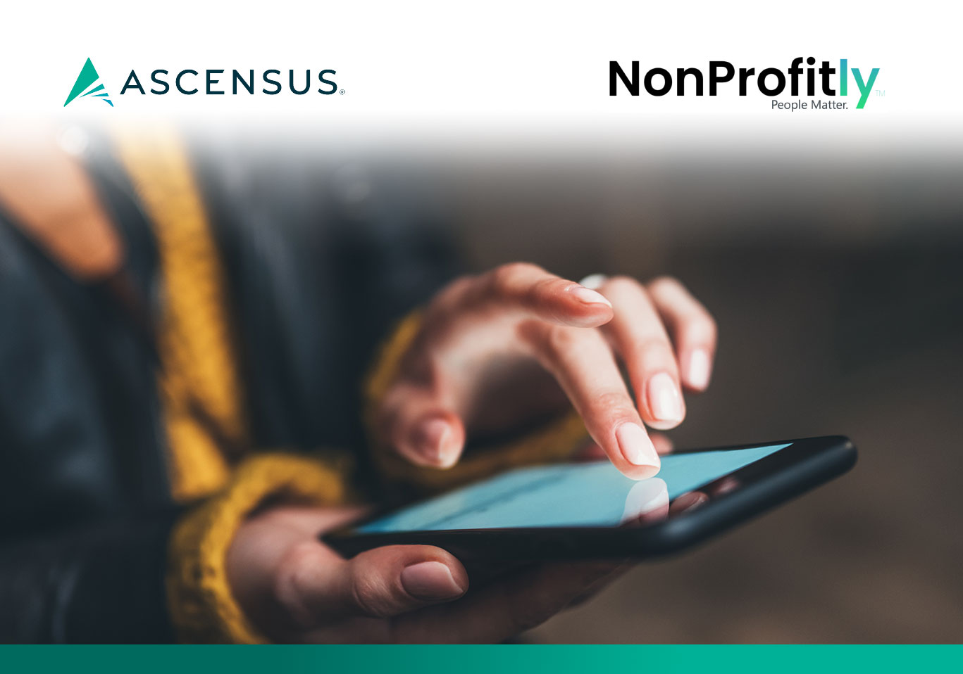 Ascensus and NonProfitly logos above a close-up of a hand using a smartphone