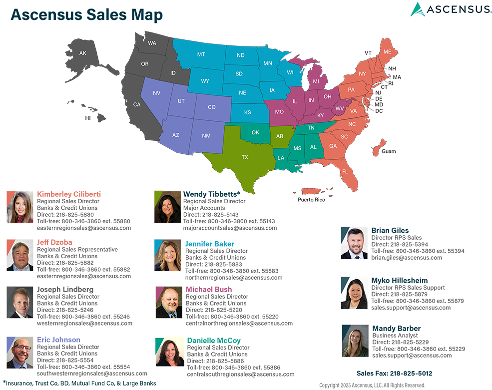 Map of the United States divided into Ascensus sales regions with regional sales director contact photos and details