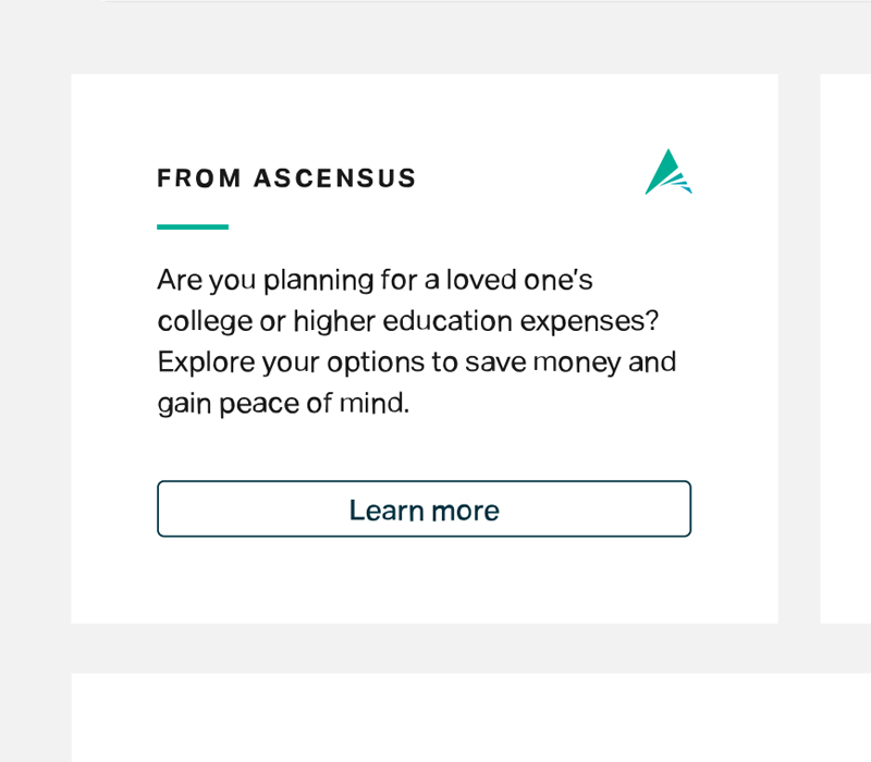 'From Ascensus' resource card about planning for education expenses with a 'Learn more' button
