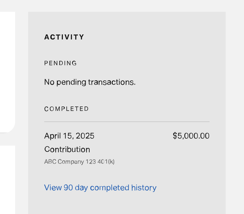 Screenshot of an account activity panel showing a completed contribution transaction